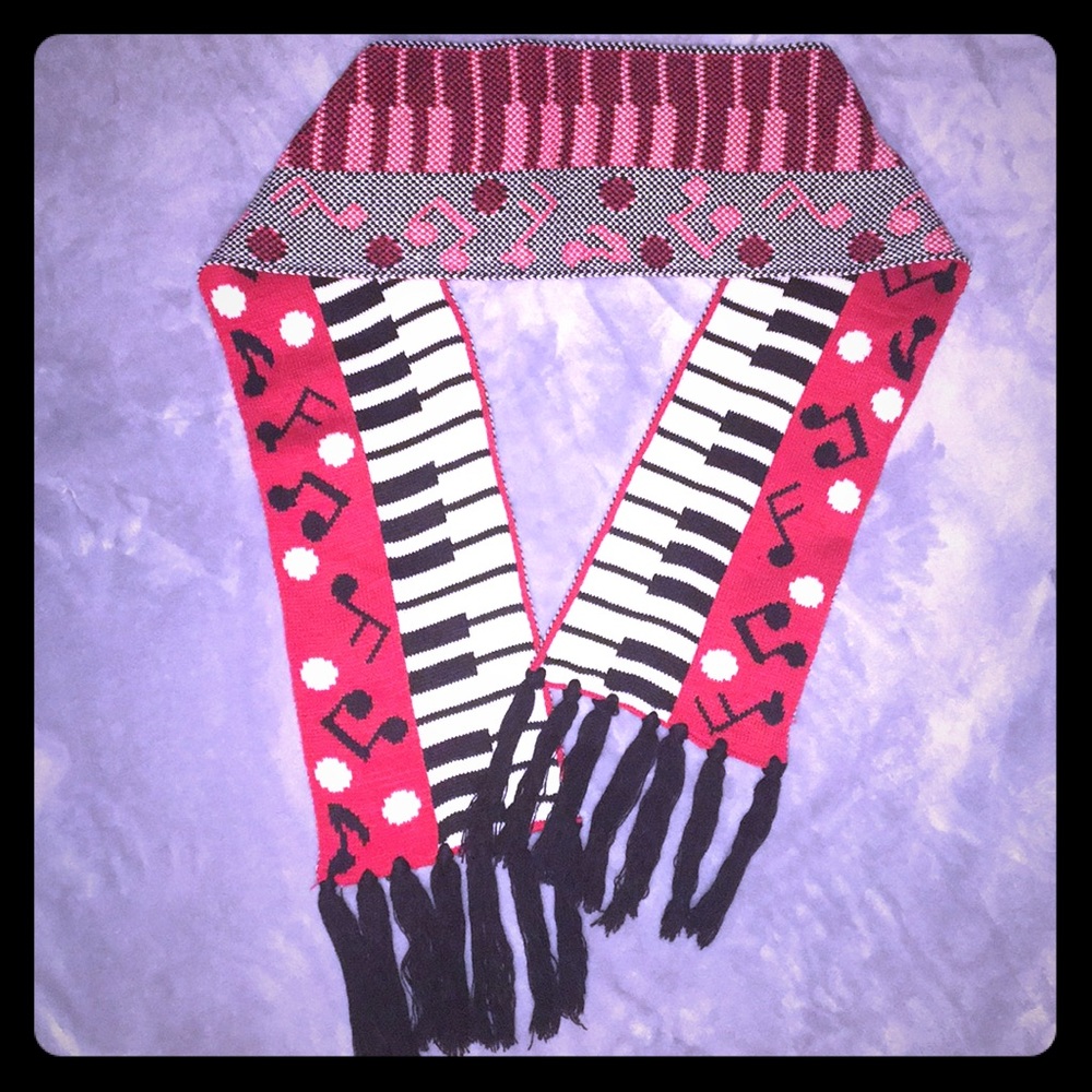 NEW Piano Music Scarf Black White & Red w/ Tassles